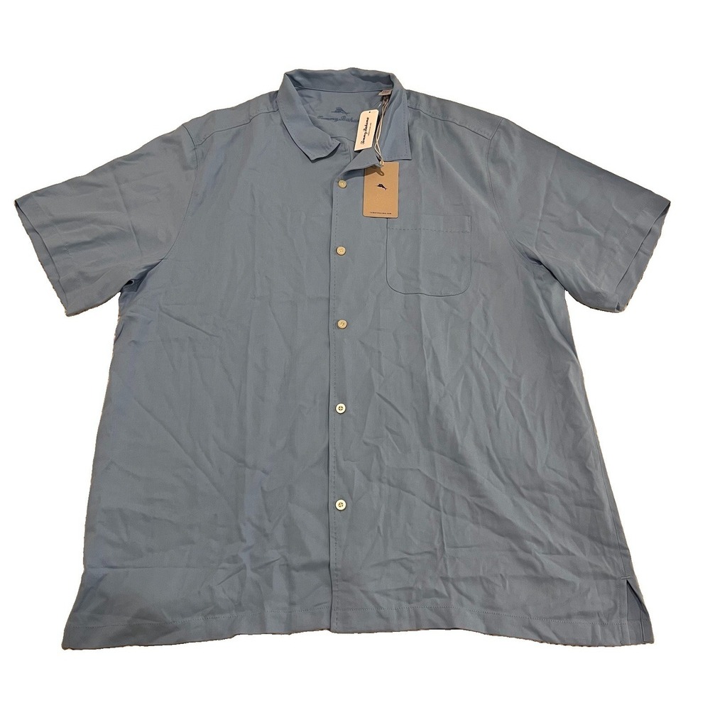 Tommy Bahama Camp Shirt XXL Hawaiian Herringbone Blue 100% Silk